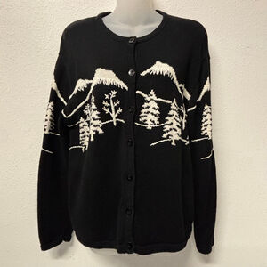 Women's Christopher & Banks Cardigan XL Black White Mountain Trees Holiday